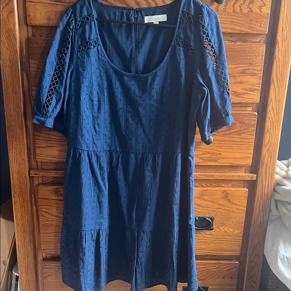 LOFT Navy Eyelet Tiered Short Sleeve Tunic Dress